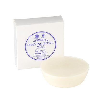 D.R. Harris Lavender Shaving Soap refill puck with box, designed for luxurious lathering in a shaving bowl, offering a classic lavender scent for a refined shaving experience.