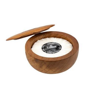 Kent of England Shaving Soap in a wooden bowl, lid off, showcasing a wrapped soap puck for traditional shaving, emphasizing quality and classic grooming.