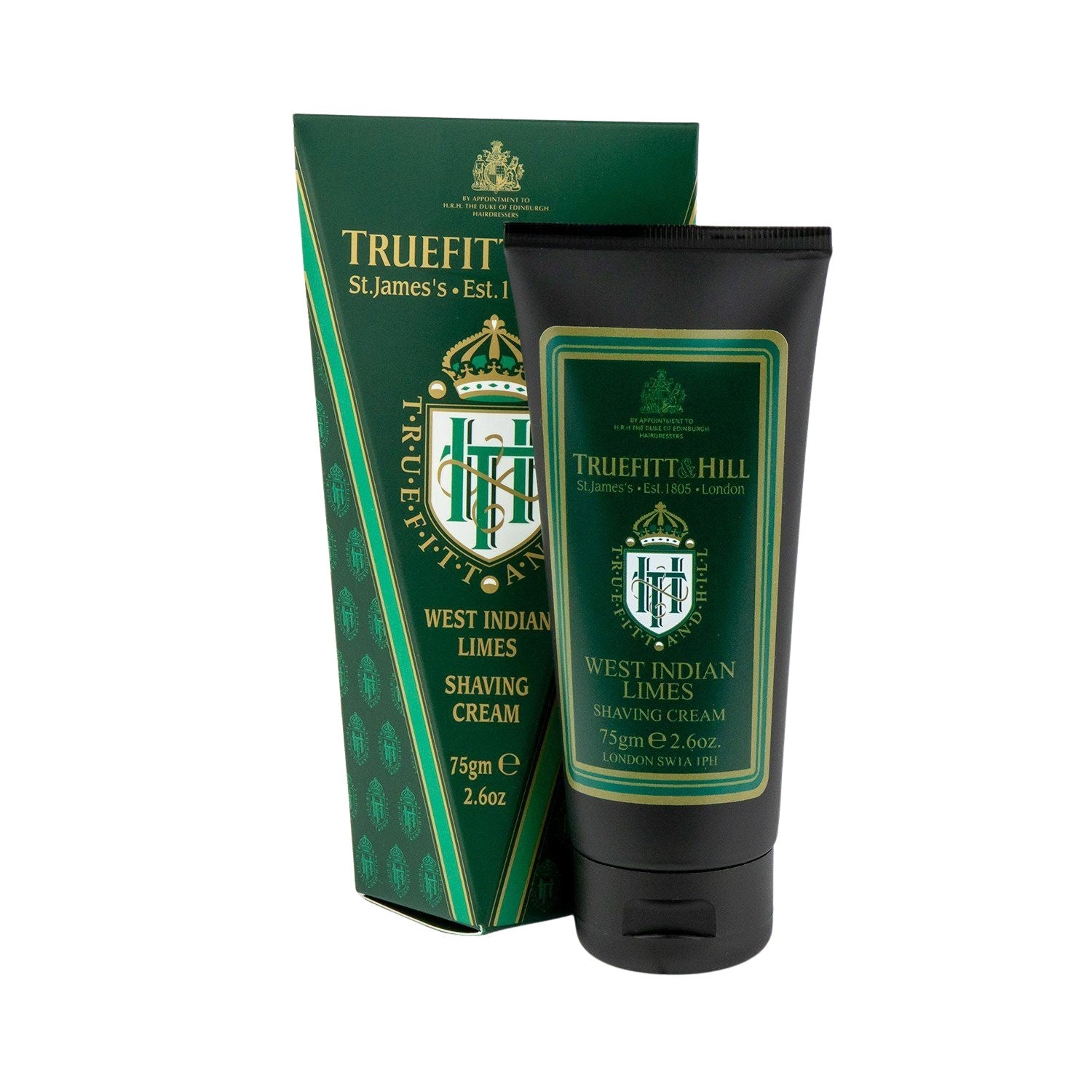 Truefitt & Hill West Indian Limes Shave Cream, 75g tube, in dark green packaging with gold accents, offering a rich lather and tropical scent.