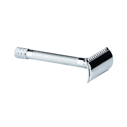 Merkur Double Open Tooth Comb 25C DE Safety Razor with knurled handle and open comb head, ideal for thick beards, ensuring efficient, smooth shaving. Chrome-plated, durable, and easy to clean.