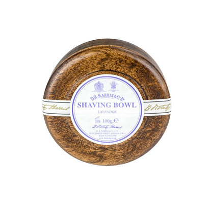 D.R. Harris Lavender Shaving Soap in a refillable wooden bowl, epitomizing luxury and sustainability for a classic shaving experience with a calming lavender scent.
