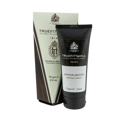 Truefitt & Hill Sandalwood Shave Cream, 75g tube before its box, embodies over 200 years of shaving tradition with a rich, protective lather ideal for classic shaves.