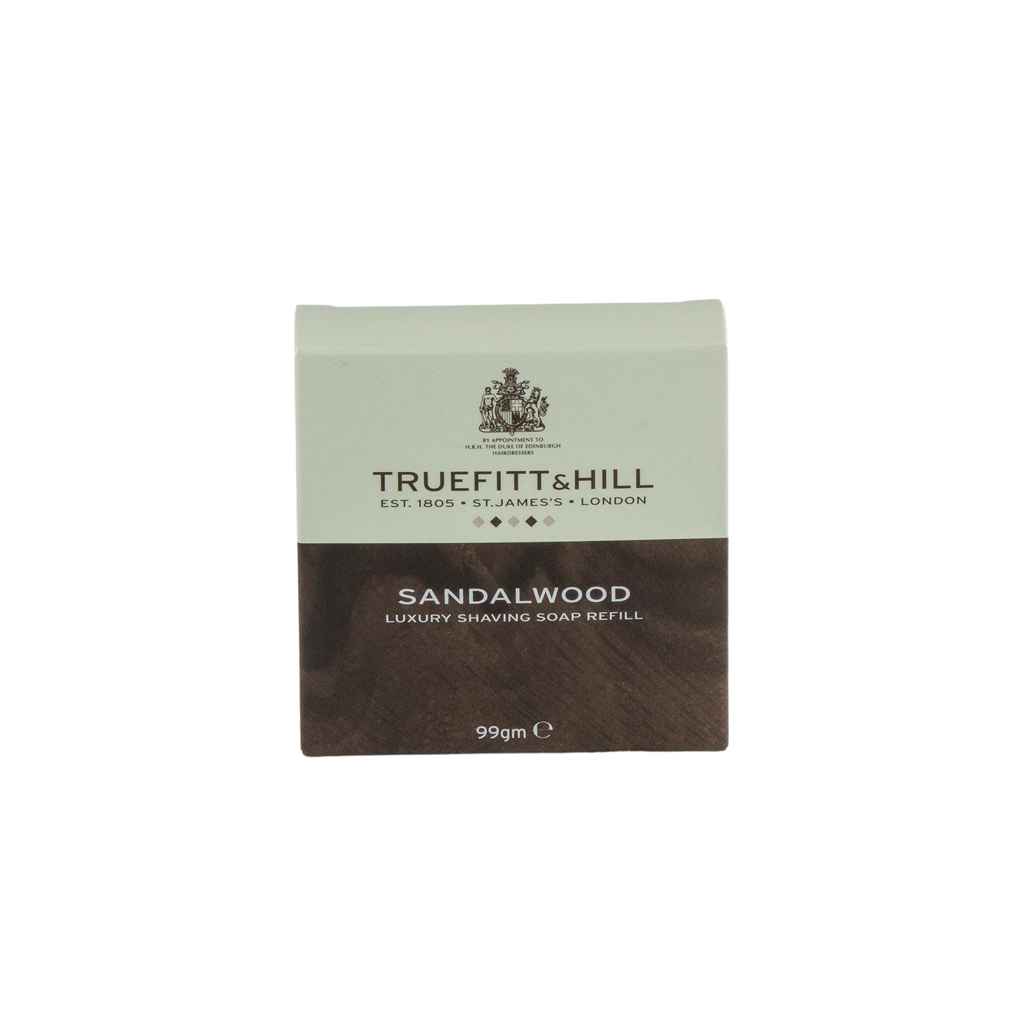 Truefitt & Hill Sandalwood Luxury Shaving Soap refill in elegant packaging, highlighting tradition and sustainability for a refined shaving experience.
