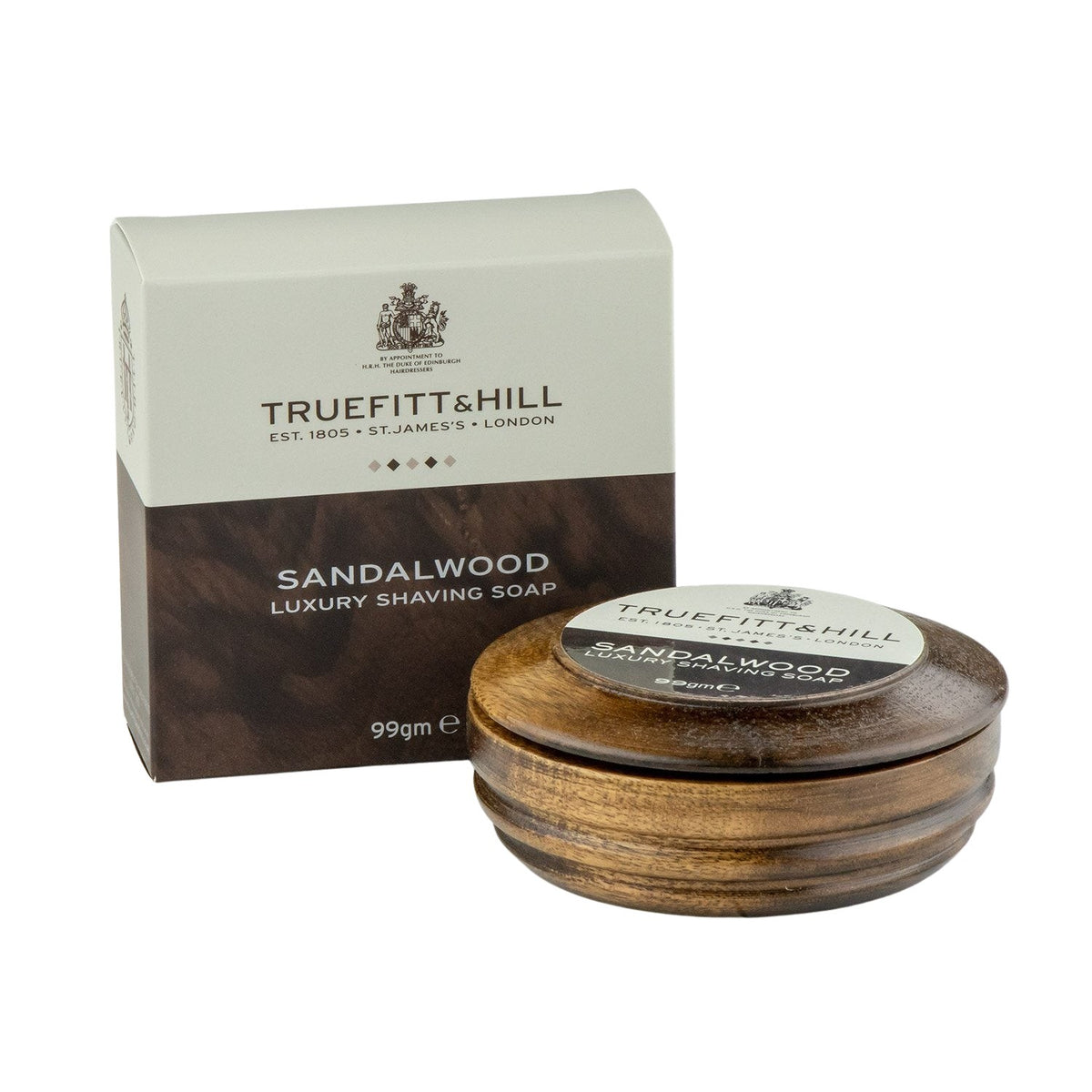 Truefitt & Hill Sandalwood Luxury Shaving Soap in a wooden bowl, showcasing its elegant packaging and timeless design for a classic, eco-friendly shaving experience.