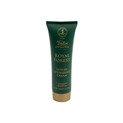 Taylor of Old Bond Street Royal Forest Aftershave Cream, 75 ml, in a dark green tube with gold lettering and cap, soothes and hydrates post-shave skin.