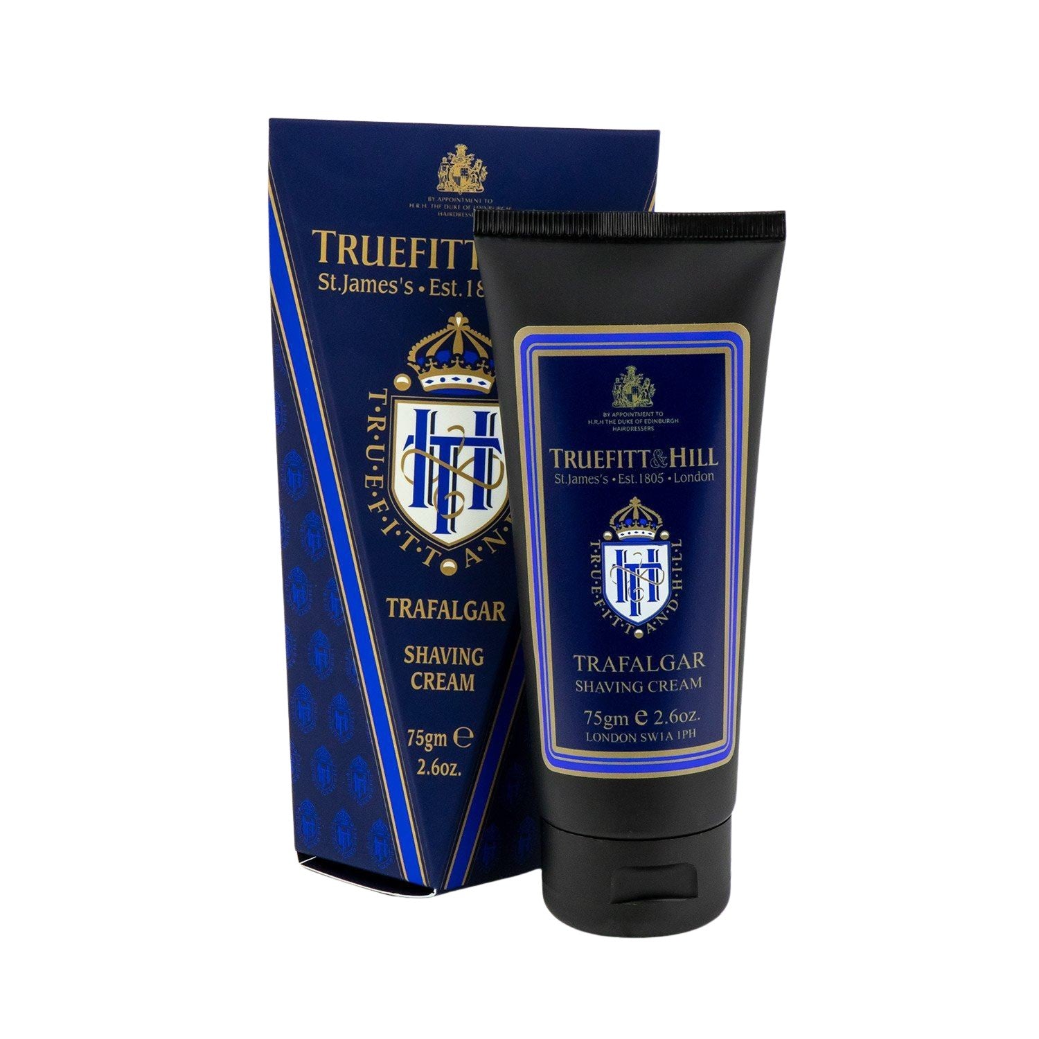 Truefitt & Hill Trafalgar Shave Cream, 75g tube, with matching blue-and-gold box, ideal for a smooth, protective shave using classic techniques.