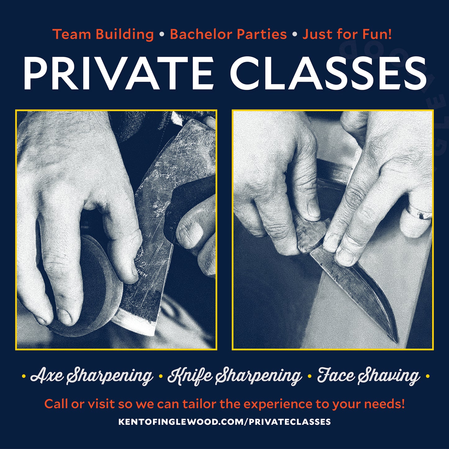 Advertisement for private classes in axe sharpening, knife sharpening, and face shaving with images of hands sharpening tools.