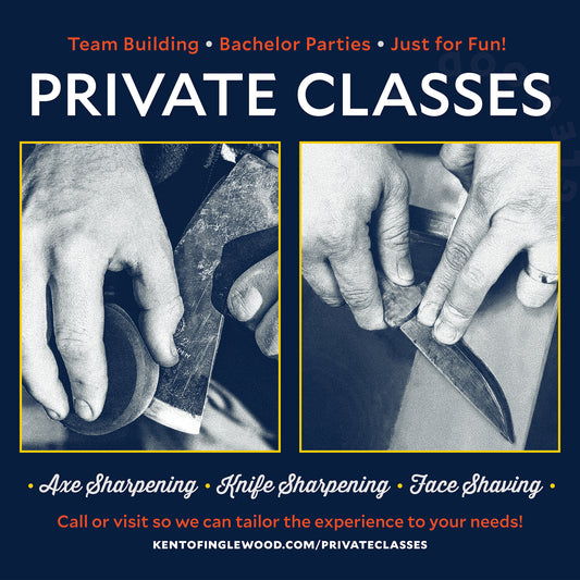Advertisement for private classes in axe sharpening, knife sharpening, and face shaving with images of hands sharpening tools.