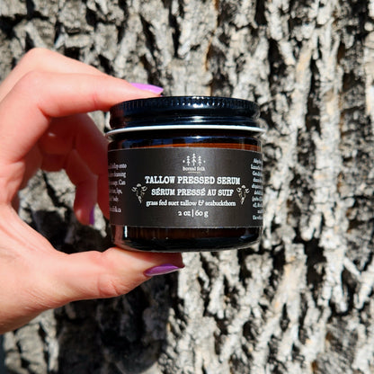 Boreal Folk Tallow Pressed Serum in an amber glass jar, held against tree bark, embodies natural skincare crafted from Canadian, sustainably sourced ingredients.