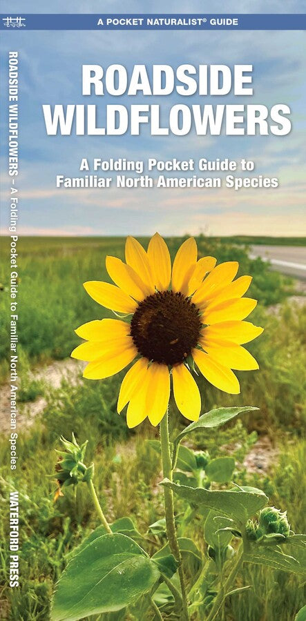 A field guide book cover displays a large yellow sunflower set in a grassy field beneath a blue sky. The title reads: Pocket Naturalist Guide: Roadside Wildflowers. This portable nature guide is perfect for identifying familiar wildflowers across North America while you’re outdoors exploring.