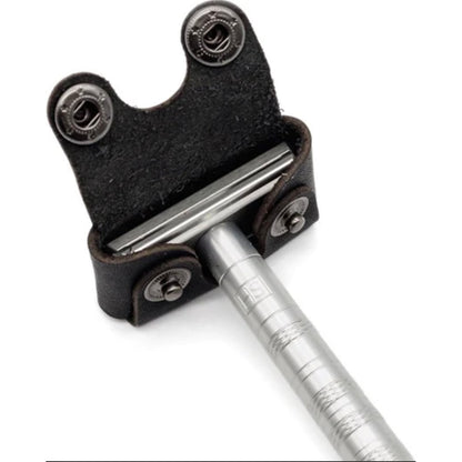Henson Razor Head Cover in a travel case, showcasing a precision-engineered safety razor with a stainless-steel handle and T-shaped head for a superior shaving experience.