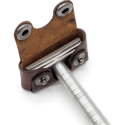Henson Razor Head Cover in a brown leather pouch, showcasing a precision safety razor with an aluminum handle, designed for a superior shaving experience.