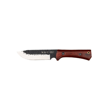 Seki Kanetsune Enyou-Tou Outdoor Knife 120mm features a hammered steel blade and full-tang wooden handle, ideal for camping and outdoor tasks.