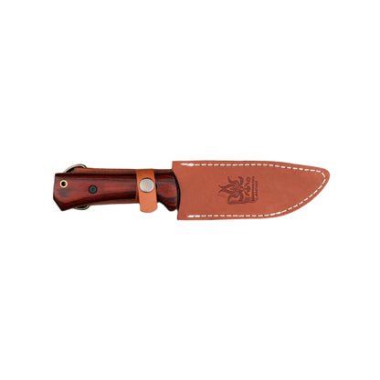 Seki Kanetsune Enyou-Tou Outdoor Knife 120mm in polished wood handle, secured in a leather sheath with belt loop, featuring a durable, drop-point blade for outdoor use.
