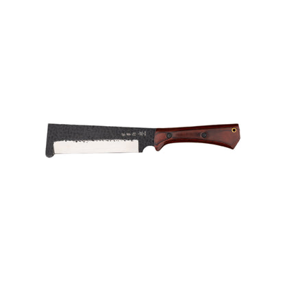 Seki Kanetsune Reazen-Tou Hatchet 150mm features a straight, rectangular blade with hammered finish and a dark wood handle, ideal for precise outdoor tasks.