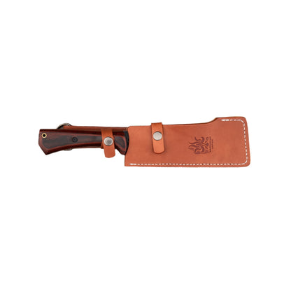 Seki Kanetsune Reazen-Tou Hatchet 150mm in a brown leather sheath, showcasing the wooden handle, ideal for precise outdoor tasks and traditional craftsmanship.