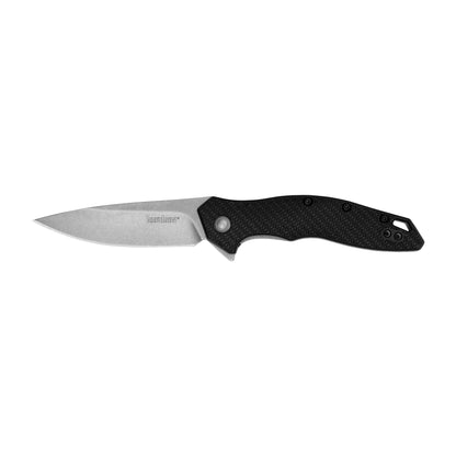 Kershaw Shoreline folding knife with stonewashed steel blade and textured black handle, featuring smooth assisted opening and reversible deep pocket carry.