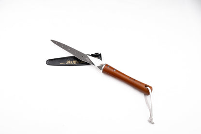 Nisaku UEKAEMEIJIN Stainless Steel Transplanting Knife S350 with serrated blade, wooden handle, wrist-strap, and sheath. Ideal for transplanting and measuring plant depths.
