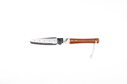 Nisaku UEKAEMEIJIN Stainless Steel Transplanting Knife S350 with a serrated blade and wooden handle, ideal for freeing rootbound plants and measuring depth.