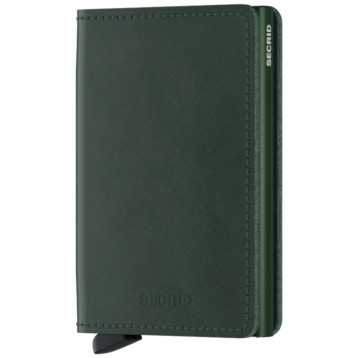Secrid Wallets Slimwallet - Original: Dark green leather wallet with Secrid's signature lever for card access, embossed logo, and aluminum card-holder for secure, stylish card storage.