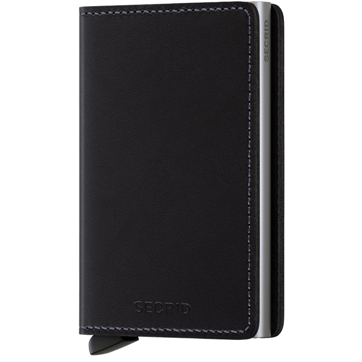 Secrid Wallets Slimwallet - Original: A sleek, black leather wallet with aluminum Cardprotector, featuring a lever for quick card access and RFID protection. Holds 2-6 cards, cash, and receipts.