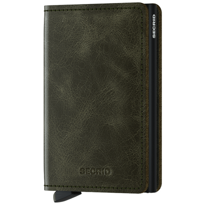Secrid Wallets Slimwallet - Vintage: An olive-green, RFID-blocking wallet with a lever for easy card access. Holds 2-6 cards, cash, and more. Hand-made in Holland.