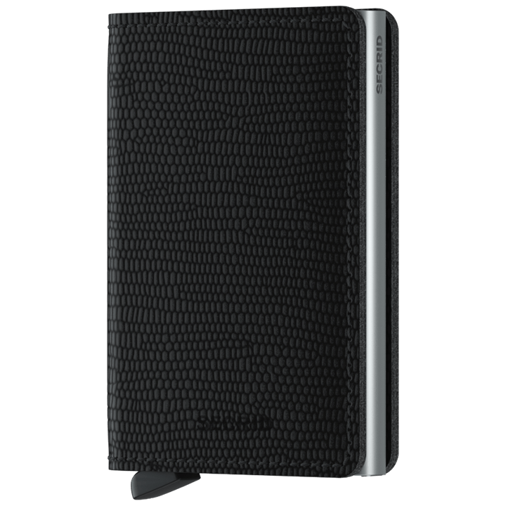 Secrid Wallets Slimwallet - Rango, featuring a textured-leather design with an aluminum chassis, offers RFID protection and stylish card access via a signature lever mechanism.