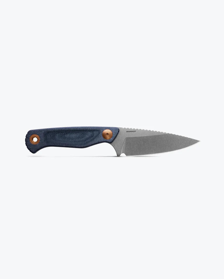The Benchmade Dacian - Blue Denim Micarta is a fixed-blade knife featuring a blue denim micarta handle with textured canvas and a silver blade, displayed on a plain light gray background.