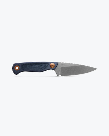 The Benchmade Dacian - Blue Denim Micarta is a fixed-blade knife featuring a blue denim micarta handle with textured canvas and a silver blade, displayed on a plain light gray background.
