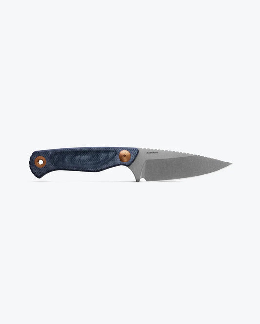 The Benchmade Dacian - Blue Denim Micarta is a fixed-blade knife featuring a blue denim micarta handle with textured canvas and a silver blade, displayed on a plain light gray background.