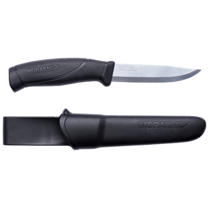Mora Companion 4 Camping Knife with stainless steel blade and black polymer handle, shown alongside its matching black sheath for safe storage.