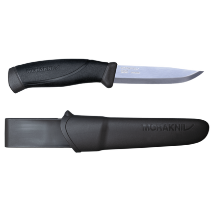 Mora Companion 4 Camping Knife with a robust stainless steel blade, black molded plastic handle, and protective sheath, ideal for outdoor activities like camping and carving.