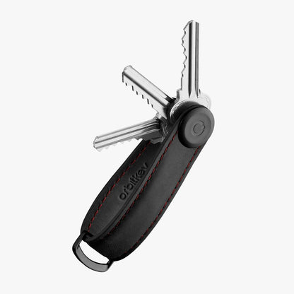 Orbitkey Crazy Horse Leather Key Organizer with red-stitched black leather, fanning metal keys, and a D-ring for larger items, designed for organized everyday carry.