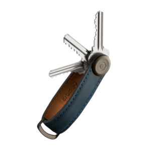 Orbitkey Crazy Horse Leather Key Organizer neatly holds metal keys in a leather-and-metal holder, featuring a D-ring for larger items, promoting organized, noise-free carrying.