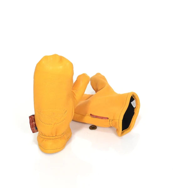 Frost River Northern Pacific Mittens, yellow leather, trigger-finger style, fleece-lined with elastic wrists, displayed with coin for scale, showcasing durability and warmth.