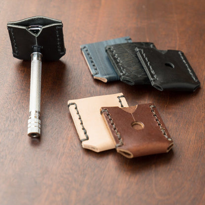 Horace & Jasper DE Safety Razor Head Cover with knurled handle and compact leather sleeves, showcasing hand-stitched design for safe blade storage. Razor not included.