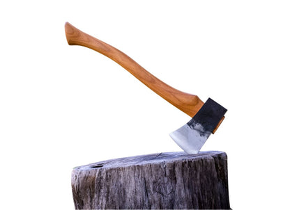 Brant & Cochran Dirigo Belt Axe, featuring a 1050 carbon steel head and 17 hickory handle, embedded in a tree stump, ideal for versatile outdoor use.