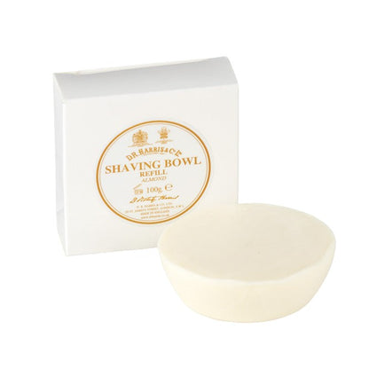 D.R. Harris Almond Shaving Soap refill puck, boxed for use with a shaving bowl, offers luxurious, long-lasting lathering for a classic, eco-friendly shaving experience.
