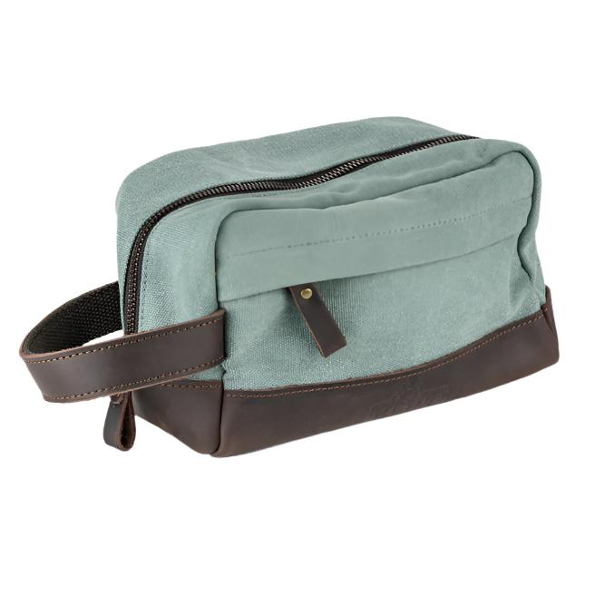 Kent of Inglewood Dopp Kit featuring a sturdy rectangular design with canvas and leather construction, ideal for organizing toiletries while traveling or at home.