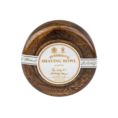 D.R. Harris Almond Shaving Soap in a refillable wooden bowl, offering luxurious lather and glide for a classic, waste-reducing shaving experience.