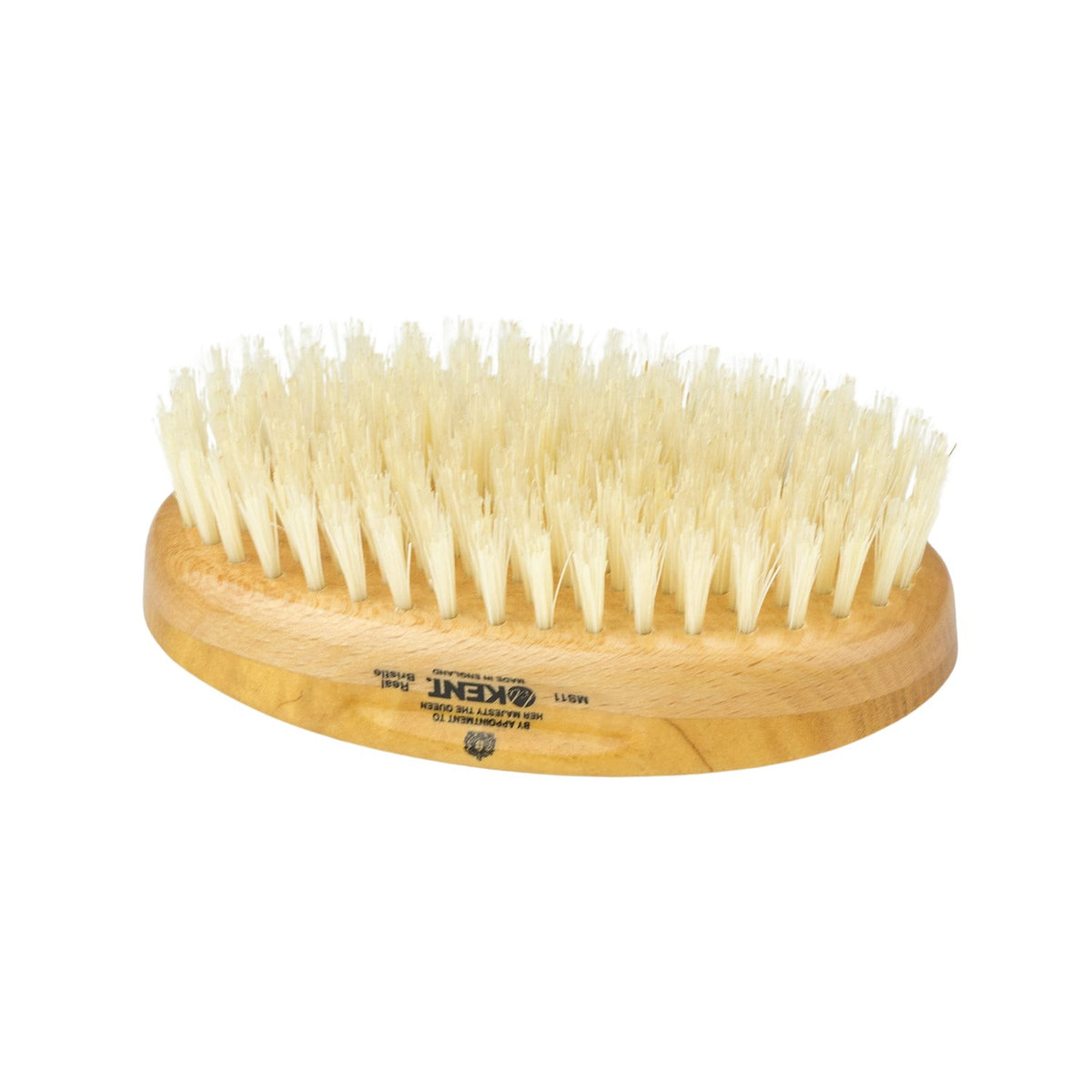 Kent of England Military Hair & Beard Brush, featuring an oval polished wood handle with dense, light-colored boar bristles, designed for effective grooming and skin stimulation.