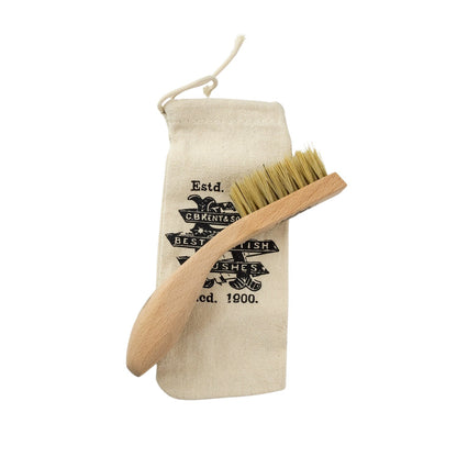 Kent of England Wooden Beard Brush with Slanted Bristle, featuring a curved wooden handle and natural bristles, paired with a vintage-style canvas pouch.