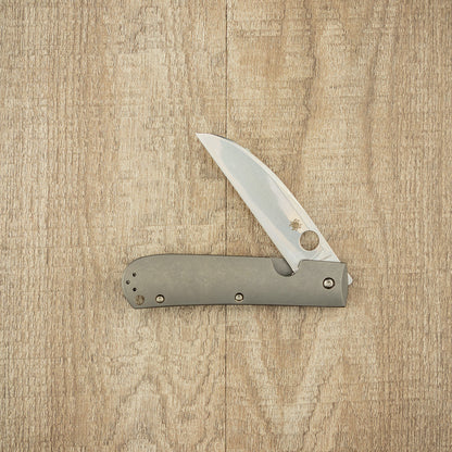 Spyderco Swayback Pocket Knife with satin-finished stainless steel Wharncliffe blade and titanium handle, featuring the iconic round thumb-hole and spider logo.