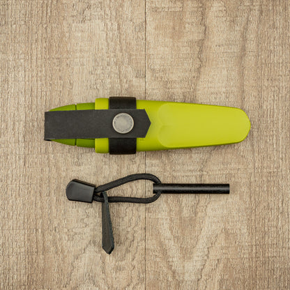 Mora Eldris Fire Kit with lime-green sheath, includes a stainless steel fixed-blade knife and ferrocerium fire-steel rod, ideal for survival and bushcraft enthusiasts.