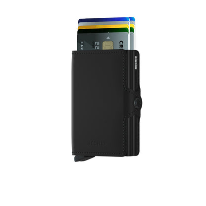 Secrid Wallets Twinwallet: Slim, black cardholder with pop-out mechanism for 10-12 cards, cash, and receipts. RFID blocking, hand-made in Holland.