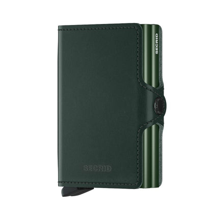 Secrid Wallets Twinwallet, dark-green leather with embossed logo, features a card-fanning lever and RFID-blocking aluminum Cardprotector, holding 2-6 cards, cash, and more.