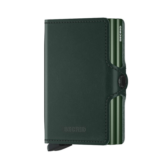 Secrid Wallets Twinwallet, dark-green leather with embossed logo, features a card-fanning lever and RFID-blocking aluminum Cardprotector, holding 2-6 cards, cash, and more.