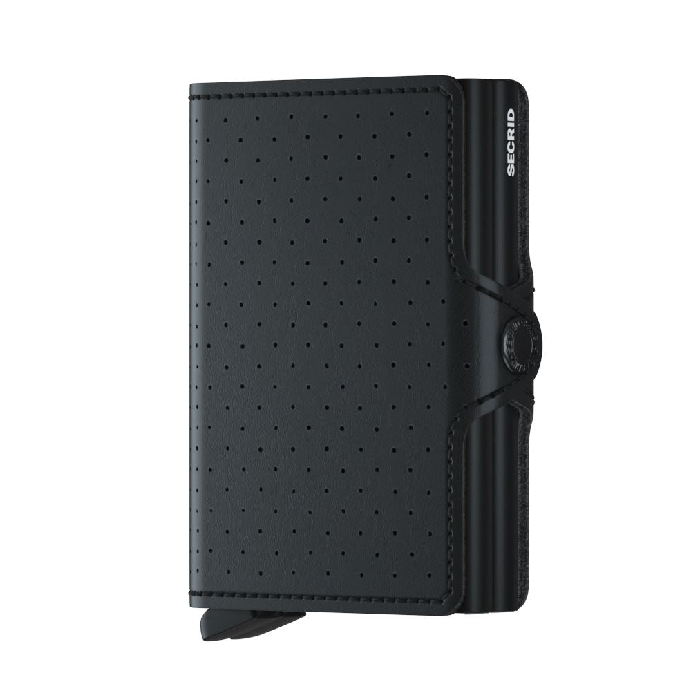 Secrid Wallets Twinwallet: Black leather card-holder with perforated cover, metal chassis, and snap-closure. Holds 10-12 cards, cash, and includes RFID blocking.