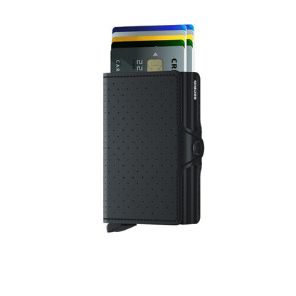 Secrid Wallets Twinwallet showcasing a sleek black leather cardholder with a metal card-protector, featuring a lever mechanism for easy card access.