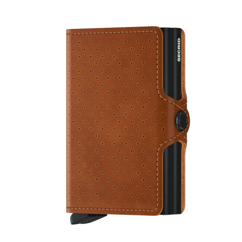 Secrid Wallets Twinwallet, compact card-holder with tan perforated leather, fans 10-12 cards from a black metal frame, featuring RFID blocking and snap closure.